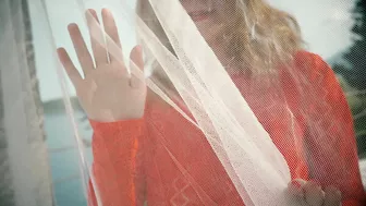 Girl in red dress with hairy pussy gets creampied in pool.