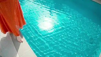 Girl in red dress with hairy pussy gets creampied in pool.