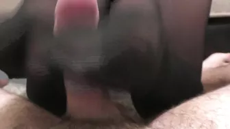 Naughty babe gets her panties wet & footjobbed while giving a handjob.