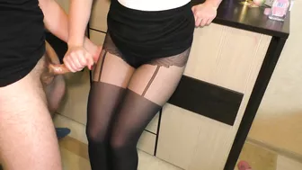 Naughty school teacher gets dressed for work while enjoying a cumshot on her pantyhose.