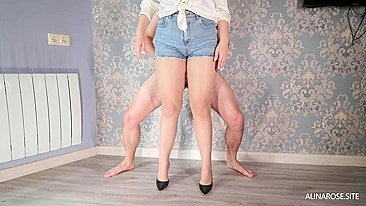 Fucking hot sister's legs and thighs in XXX pantyhose and jean shorts.