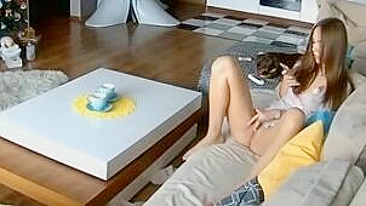Sofa masturbation session in a hidden cam video with petting and real orgasms