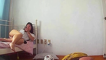 IP cam scene showing a cute Korean teen who wants to masturbate happily