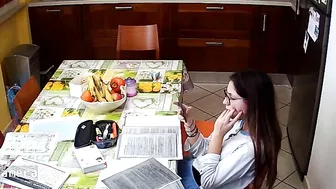 IP cam footage showing a skinny stepsister masturbating in the kitchen too