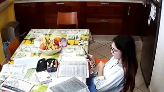 IP cam footage showing a skinny stepsister masturbating in the kitchen too