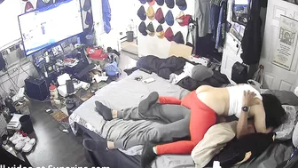 Horny black dude fucking a slutty sister in spy cam footage with sexy peeks