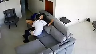 Big boobs Italian hottie fucks her BF as her stepbrother PEEKS thrru the cam