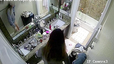Spy cam footage showing a horny stepsister hitting the showers in the morning