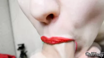 Slutty bitch sucks dick while spewing saliva, then wipes her mouth with cum!