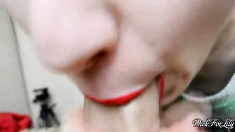 Slutty bitch sucks dick while spewing saliva, then wipes her mouth with cum!