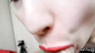 Slutty bitch sucks dick while spewing saliva, then wipes her mouth with cum!