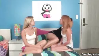 Three pair of female hands stroke bald man's penis