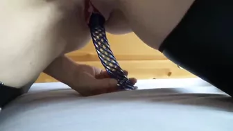 Amateur Wife Tight Pussy Masturbates with Glass Dildo in Latex Stockings