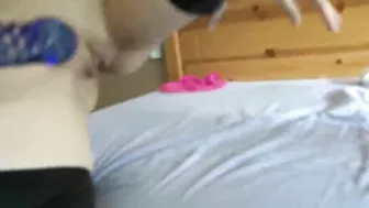 Amateur Wife Tight Pussy Masturbates with Glass Dildo in Latex Stockings