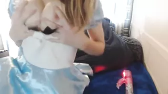 Blonde College Cosplayer Masturbates with Homemade Dildo in Stockings & Garters