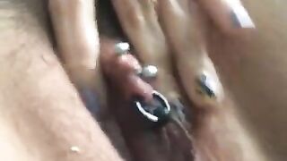 Amateur Hairy Pussy Play with Pierced Clit Orgasm