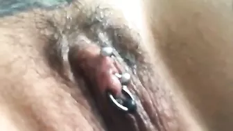 Amateur Hairy Pussy Play with Pierced Clit Orgasm