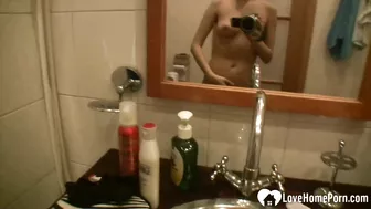 Brunette Amateur Masturbates with Hairy Pussy and Fingers in Shower