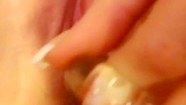 Amateur Masturbates with Ribbed Glass Dildo in Homemade Selfie