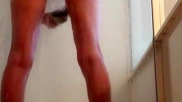 Long Legs Brunette Masturbates with Dildo in Shower, Amateur Orgasm