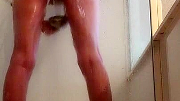 Long Legs Brunette Masturbates with Dildo in Shower, Amateur Orgasm