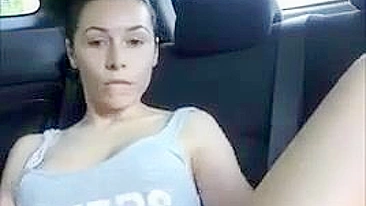 Public Masturbation by Brunette Amateur in Car