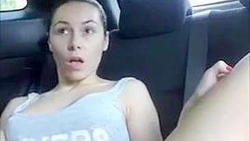 Public Masturbation by Brunette Amateur in Car