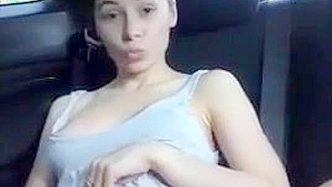 Public Masturbation by Brunette Amateur in Car