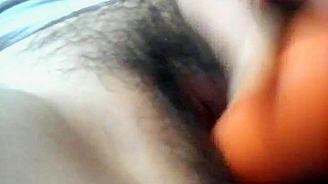 Asian Amateur Masturbates with Hairy Pussy and Dildo in Homemade Selfie