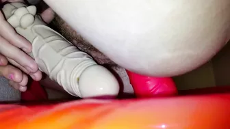 MILF Mom Hairy Pussy Orgasm w/ Dildo Cushion - Amateur Homemade Sex Toy Fun!