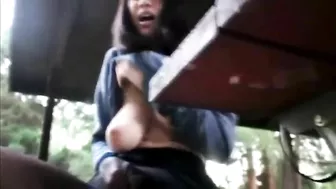 Amateur Brunette Masturbates with Dildo & Pantyhose in Public!