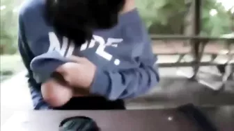 Amateur Brunette Masturbates with Dildo & Pantyhose in Public!