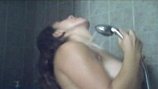 Amateur Brunette DP Masturbation with Dildo and Fingering in Shower Playtime 2