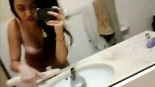 Petite Asian Teen Masturbates with Big Dildo in Homemade Selfie!