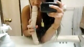 Petite Asian Teen Masturbates with Big Dildo in Homemade Selfie!