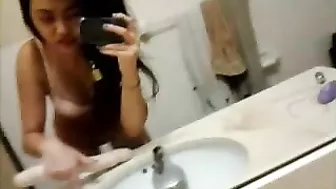Petite Asian Teen Masturbates with Big Dildo in Homemade Selfie!