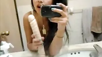 Petite Asian Teen Masturbates with Big Dildo in Homemade Selfie!