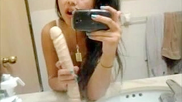 Petite Asian Teen Masturbates with Big Dildo in Homemade Selfie!