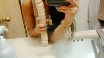 Petite Asian Teen Masturbates with Big Dildo in Homemade Selfie!