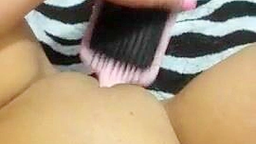 College Amateur Masturbates with Dildo and Hairbrush at Home