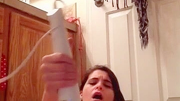 College Brunette Homemade Masturbation with Magic Wand and Dildo