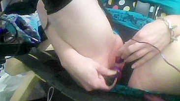 Amateur Masturbates with Dildo & Moans in Stockings during Webcam Orgasm