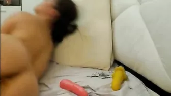 Masturbating with Big Dildos and Double Penetration  -Brunette Anal Orgasm