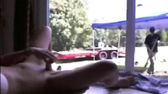 Exhibitionist Brunette Squirts with Dildo for Gardener Delight