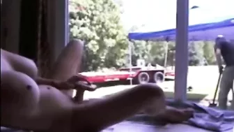 Exhibitionist Brunette Squirts with Dildo for Gardener Delight