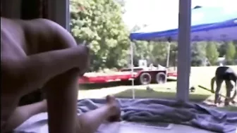 Exhibitionist Brunette Squirts with Dildo for Gardener Delight