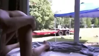 Exhibitionist Brunette Squirts with Dildo for Gardener Delight