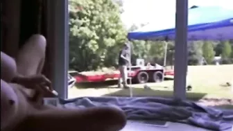 Exhibitionist Brunette Squirts with Dildo for Gardener Delight