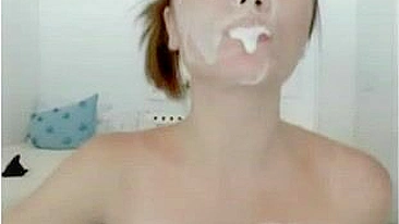 Amateur Petite Brunette Teen Masturbates with Dildo & Whipped Cream on Webcam