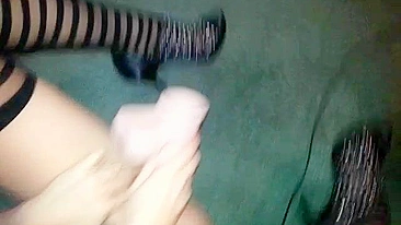 MILF Masturbates with Dildo in Heels & Stockings for Hubby Hot Homemade Show!